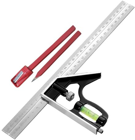 Combination Square with 2 Pencils and Sharpener Stainless Steel Adjustable Angle Ruler 45 and 90 Degree Engineers Set Square Measuring Tool for Carpentry and Woodworking