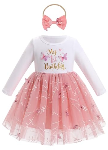 FYMNSI Robe de bébé fille Mon Premier Anniversaire en coton à manches longues avec jupe en tulle, nœud et bandeau - Tenue pour séance photo - Automne Hiver, Rose foncé, 12-18 mois