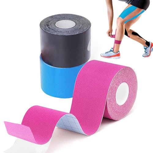 GTAGKOMMEN kinesio tape 3 Rollos 5 m x 5 cm, Impermeable esparadrapo deportivo, transpirable cinta kinesiologica y 7 días de adherencia, Elásticas trans tape, tiras fisioterapia (Negro, Azul, Rosa)