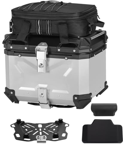 TINGPAI Motorcycle Top Case Set，Including Tail Box、Base Bracket、Backrest、Bag，Waterproof Aluminum Handle Motorcycle Helmet Case,Tail Box with Security Lock (Silver, 36L)