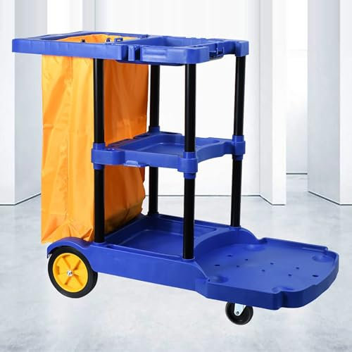 Janitorial Cart 3 Shelf, Housekeeping Janitor Cleaning cart, Large Capacity Janitorial cart, Wheels with Bag for Restaurant Hotel Home,Blue