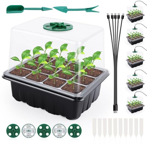 NVIYAM 5 mini serre per la coltivazione, 60 celle, set di coltivazione con luce, serra per interni con coperchio alto, scatola per la coltivazione di piante, piccola stazione di coltivazione
