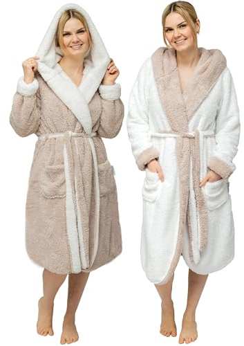 CalmyLIFE Peignoir pour femme réversible avec capuche, Taupe/Naturel, M