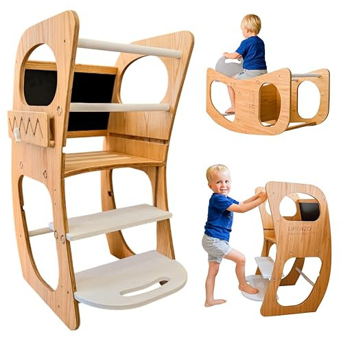 Learning Tower for Toddlers – Adjustable Montessori Step Stool & Wooden Kitchen Helper with Chalkboard, High Chair & Gentle Rocking Mode | 4-in-1 Multifunctional Design by LIFENZO