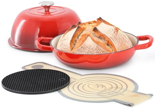 MegaChef 6 Quart Enameled Cast Iron Bread Pot in Red with Baking Mat, Dutch Oven, Bread Oven for Homemade Bread (Red)