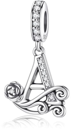 HappyStar 925 sterlingsilver ros bokstavsberlocker alfabet initial pärla berlock passform armband dam smycke present, Sterlingsilver Kubisk zirkonia, Kubisk zirkon