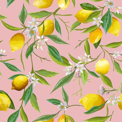 VEELIKE Tapete Zitrone Rosa Frucht Mustertapete Selbstklebende Tapete Blumen Zitrone Klebefolie Küche Badezimmer Kinderzimmer Möbelfolie Muster Tapeten Schränke Schubladen Regale 44.5 cm x 300 cm