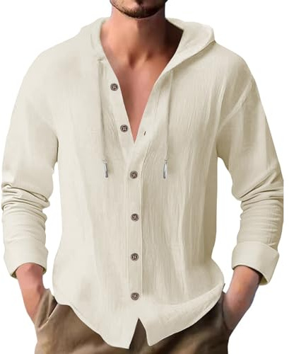 PRIVIMIX Leinenhemd Herren Hemd Langarm Baumwolle Langarmshirt mit Kapuze Kapuzenhemd Hoodie Freizeithemd Kapuzenshirt für Männer Beige L