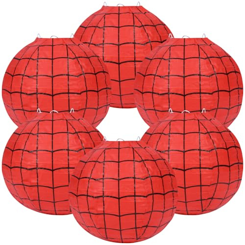 6 Pieces Spider Web Themed Paper Lanterns Decorations - Red Spider Web Party Hanging Supplies for Kids Birthday Party Decorations Supplies
