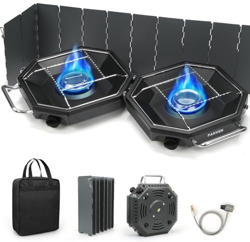 Camping Stove Propane, 2 Burner Camp Stove, 20,000 BTU Propane Camping Stoves, Portable Gas Stove with Windscreen, Storage Bag, Regulator for Picnic, BBQ, Tailgating