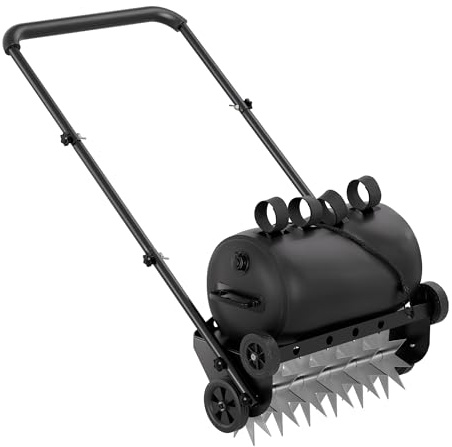 22.5-Inch Lawn Aerator with Weight Bag, Heavy Duty Push Spike Aerator with 4 Wheels, Aerator Lawn Tool with 42.2 Steel Handle, Manual Aerator Lawn Tool with Foam Armrests, for Lawn, Garden and Yard