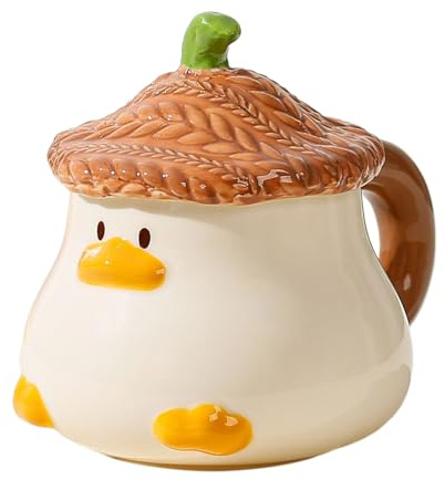 Bonita taza de café de pato, taza de café de cerámica con tapa, 400 ml en forma de animal con tapa, vajilla pintada a mano con asa para mujeres adultas, hombres, amigos, coleccionistas de mordazas