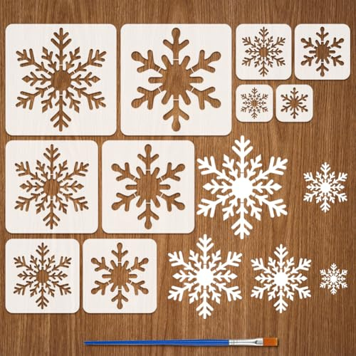 FINGERINSPIRE 10Pcs Snowflake Stencils with a Brush 30/25/20/15/10cm Snowflake Decorative Painting Stencils 2 Styles Snowflakes Drawing Stencil PET Winter Themes Template for Wall Decoration