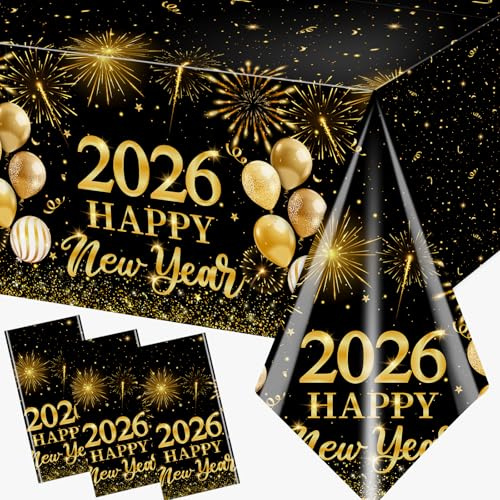 Dydamud New Years Eve Party Supplies 2026, Happy New Year Tablecloths Black Gold Plastic Table Cloth for Home Kitchen, 2026 Happy New Years Decorations