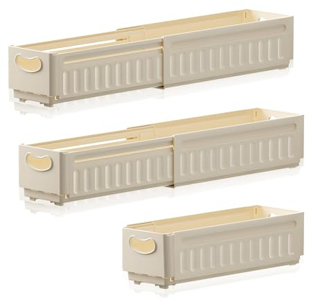 3 Stück Aufbewahrungsbox Kunststoff Aufbewahrungskorb Dehnbar Organizer Box Einziehbare Storage Körbchen Verstellbar von 28–48cm Ordnungsboxen mit Griffen für Büro Küche Badezimmer Schrank Schublade