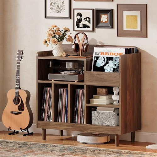 IRONCK Large Record Player Stand with Charging Station, Mid Century Record Player Cabinet, Vinyl Record Storage Stand Holds Up to 300 Albums, Turntable Table with Storage for Living Room