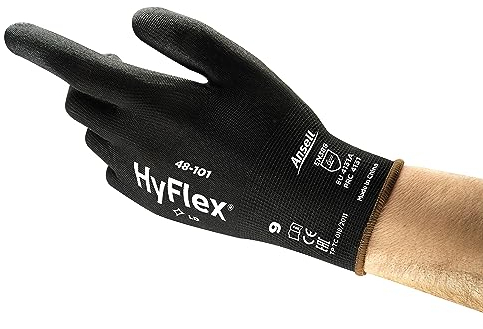 Ansell HyFlex 48-101 Guanti da Lavoro Sottili, Fodera Elastica con Rivestimento in Poliuretano, Protezione Professionale per Usi Generali e Manipolazioni Delicate, Nero, Taglia 2XL (12 Paia)