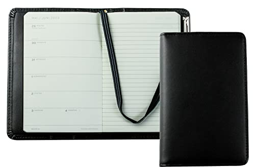 DELMON VARONE - Personalisierbarer Taschenkalender 2027 Boxcalf Leder schwarz - Organizer Terminplaner (1 Woche 1 Seite) - Buch-Kalender Hardcover Einband - Notizbuch Kalenderbuch Stiftschlaufe