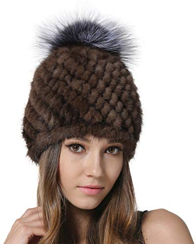 KAISHIN Cappelli con Pompon in Pelliccia di Visone a Righe Invernali da Donna Cappellini in Vera Pelliccia di Volpe Argentata (Marrone)