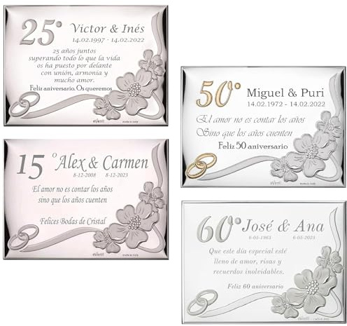 JOYERÍA EL FARO | Placa aniversario | Placa aniversario de bodas | Grabado personalizado | Presentación en estuche premium | Celebra vuestros años de amor juntos | Disponible en 2 tamaños