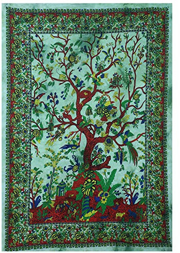 THE ART BOX Tapestry Green Tree of Life Wall Hanging – Indian Cotton Small Size Bedspread, Picnic Sheet, Wall Decor, Blanket, Wall Art for Bedroom (30x40 Inch)