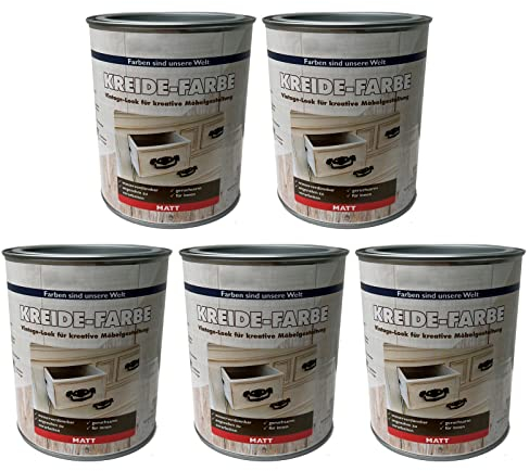 Vernice a gesso per legno, stile vintage, shabby chic, effetto anticato, grigio, 1 litro, 5 pezzi