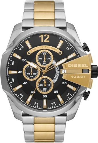 Diesel Montre pour homme Mega Chief, mouvement chronographe, boîtier en acier inoxydable tricolore de 51 mm avec bracelet en acier inoxydable, DZ4581
