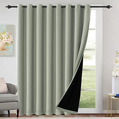 H.VERSAILTEX 100% Blackout Patio Curtains Thermal Insulated Curtains for Sliding Door Extra Wide Window Panels Full Light Blocking Grommet Curtain with Black Liner, W100 x L84 inch - Light Sage