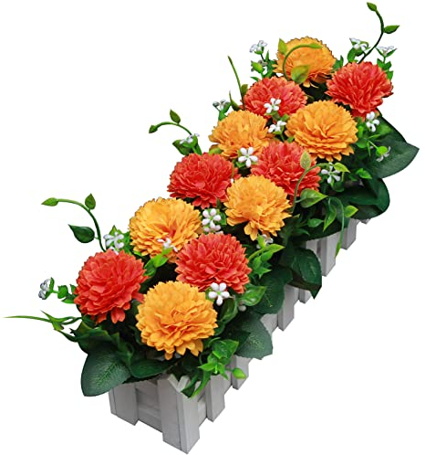 Flikool Pissenlit Fleurs Artificielles en Pot de Clôture en Bois Blanc Fausse Hortensia Plantes Artificielles Faux Décoratif Bonsai Artificiels pour Maison Bureau Salon Table Noël Décoration - Orange
