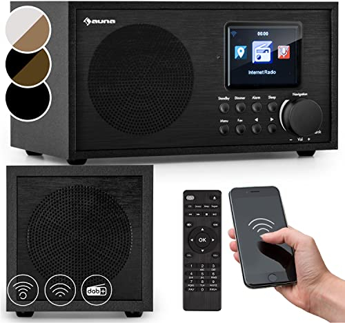 Auna Silver Star Radio Portatile Ricaricabile, Radio DAB con Bluetooth 5.0, FM/DAB/DAB+ Digitale Mini, Altoparlanti Stereo, Display HCC, Streaming, Sveglia, 5 Ore di Operatività, Radiolina in Legno
