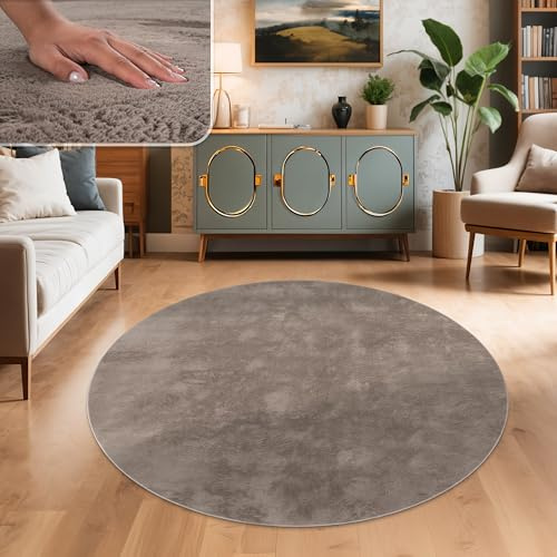 Paco Home Teppich Wohnzimmer Kunstfell weich waschbar modern elegant pflegeleicht Felloptik Uni Seidenglanz flauschig Hochflor, Grösse:160 cm Rund, Farbe:Taupe