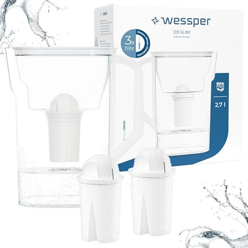 Wessper Jarra Filtradora de Agua 2.7 L | Filtro de Agua que Reduce la Cal y el Cloro, Agua filtrada | Jarra Filtrante + 3 Cartucho – Blanco