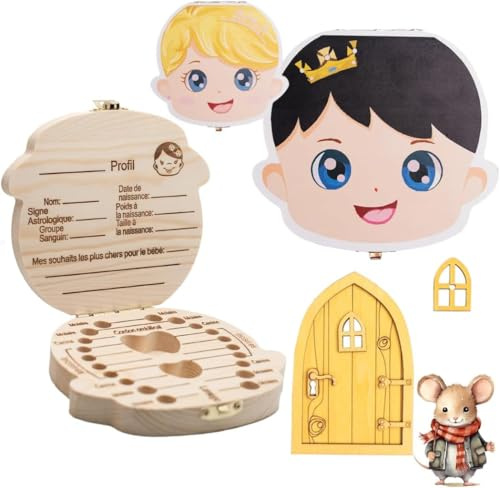 SUAPOZ Pack Puerta Ratoncito Perez + Caja Dientes de leche Niño Niña. Caja Recuerdos Bebe. Madera de Calidad (Niño)