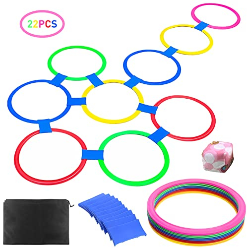 Lets Joy Ringwurfspiel Wurfspiel, Outdoor Spiele für Kinder Set, Hopscotch Rings Game, Wurfspiel Kinder Outdoor Spiele Set, Bean Bag Toss Tauziehen Dosenwerfen Gartenspiele für Kinder (A-)