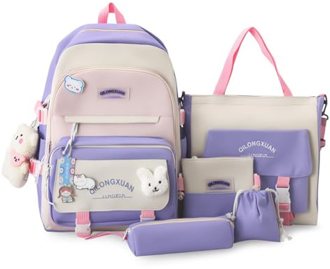 IvyH Mochilas Escolares 5 Piezas para Niñas de 8 a 16 años, Set de Mochila Colegio Adolescentes con Bolsa de Compras y Estuche para Lápices, Mochila de Viaje 45 cm, Morado