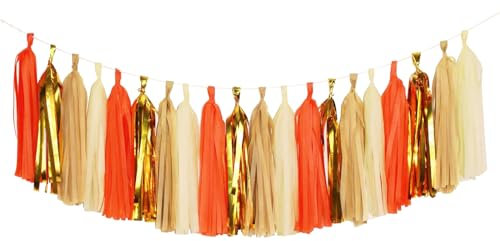 SNOMEL 20 Stück 4 Farben Quasten-Girlande, Party-Dekoration, Geburtstag, Seidenpapier-Quasten, Seidenbanner, Fransen für Hochzeitstisch, DIY, Jahrestag, Ballon-Dekoration (Gold, Orange, Khaki, Beige)