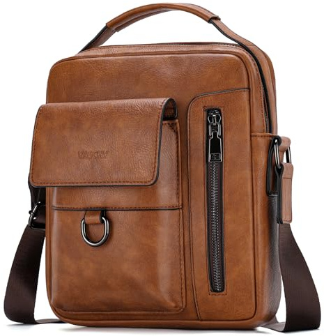 VASCHY Leather Shoulder Bags For Men, Medium Satchel Crossbody Handbag Messenger Sling Travel Side Bags Purse for Men Brown