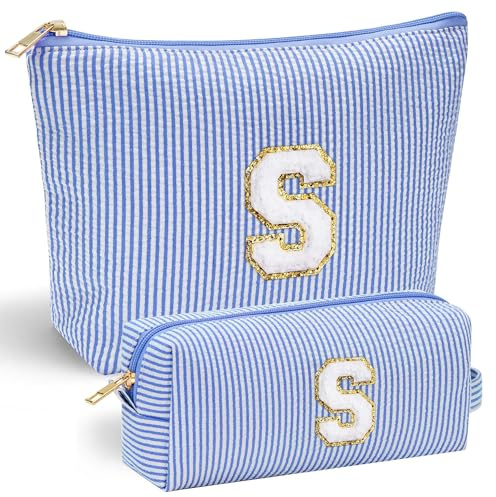 Parima Kosmetiktasche Mädchen - Make Up Tasche Damen Kulturtasche Damen Personalisierte Kosmetiktasche Geschenke für Frauen Freundin Teenager Mädchen Schweste Geschenk Blau Schminktasche Buchstaben S