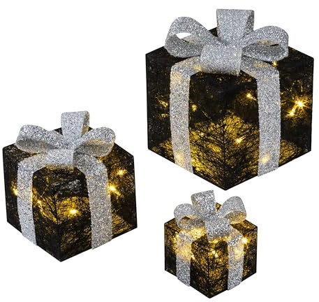 Bambelaa! 3er Led Deko Geschenke Leucht Boxen Timer Weihnachts Dekoration Weihnachtsdeko Beleuchtet Deko Weihnachten Schwarz-Silber