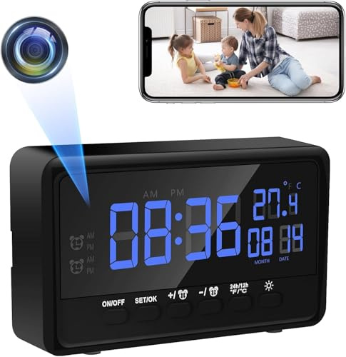 LXMIMI WiFi Cámara Oculta HD 1080P Mini Cámara, 2.4 / 5G WiFi Cámara Espía, Despertador Wi-Fi cámara con Pantalla Multifunción, Soporta Visión Nocturna, Detección de Movimiento y 2 Despertador