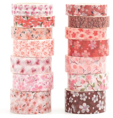 Songdao Sakura Washi Tape Set 14 rullar blommor dekorativ tejp färgglad för scrapbooking, bullet dagbok, planerare, presentförpackning (bluskronblad)