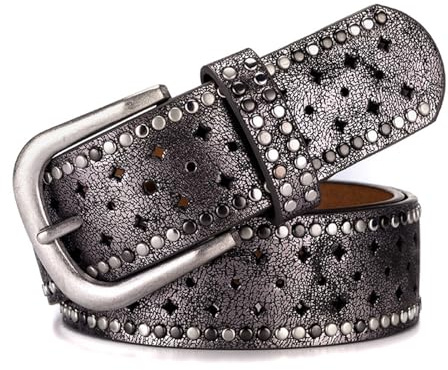 Jalach Damen Nieten Gürtel mit Stern Loch, breiter Ledergürtel, kürzbar Jeansgürtel, Leder Nietengürtel Glitzergürtel (Silbergrau)