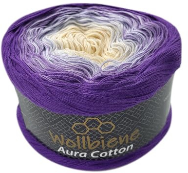 Wollbiene Farbverlaufsgarn 200g - 800m - 4 Fädig Bobbel Strickwolle Häkeln Bobbel Wolle Farbverlauf, 100% Baumwolle, Strickwolle Mehrfarbig (812 lila cremeweiß)