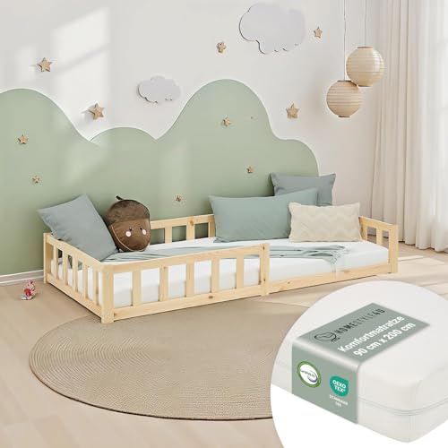 Homestyle4u Kinderbett 90x200 mit Matratze & Lattenrost, Holz Bodenbett | Niedriges Montessori Holzbett Natur für Kleinkinder mit Rausfallschutz - Massives Kiefernholz - Bequeme Rollmatratze
