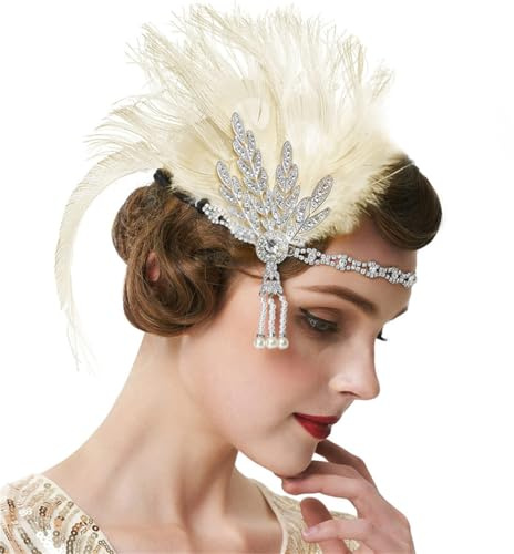 HIQIU Damen Kunst-Federn Stirnband Strass Flapper Kopfschmuck 1920er Jahre Stil Flapper Haarband Frauen Abschlussball Kostüm Accessoires