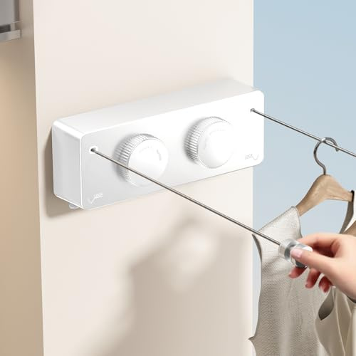 MUSTORN Wäscheleine Ausziehbar Draußen, Nicht Schlaff Doppelseil Einziehbar Wäscheleine Balkon Innenbereich Ausziehbare zum Trocknen von Wäsche Wand Zwei Linien Edelstahlseil- 4.2 m (Weiß)