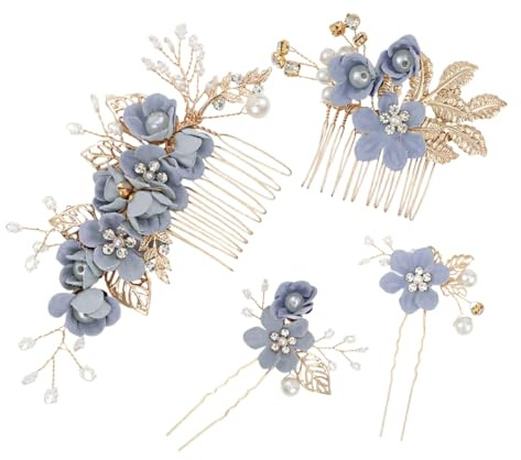 QEQSHQO Bijoux Cheveux Doré Mariage Bleu - 4 Peignes Cheveux Perles Strass Accessoires Cheveux Femme Mariée Demoiselle d'Honneur