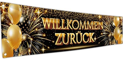 Willkommen Zurück Banner 180 x 40 cm – Herzlich Girlande Zuhause Deko – Lebendiger Digitaldruck – 110 Den Polyester – Doppelnaht (Schwarz & Gold)