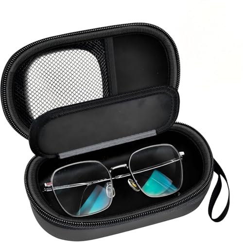 GWCASE Portable 2 in 1 Contact Lens Case and Glasses Case, Traveling Contact Cases Bag Box Holder with Soak Storage Kit Included Built-in Mirror, Tweezer, Lens Solution Bottle and Hand Strap-Black