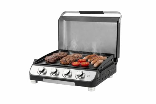 Modern 4 Burner Gas Plancha with Lid – Enameled Steel Griddle & LED Controls 10kw Power BBQ Grill with Regulator, hose and all weather cover
